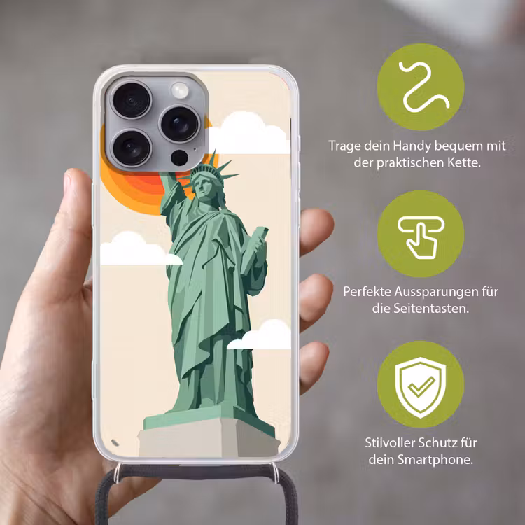 Vrijheidsbeeld - New York - Zon - Modern Hoesje iPhone 16 Pro Max met koord klein -sfeer2_DE