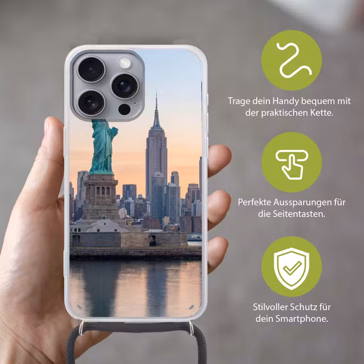 Vrijheidsbeeld - New York - Zonsopgang - Stad - Architectuur Hoesje iPhone 16 Pro Max met koord klein -sfeer2_DE