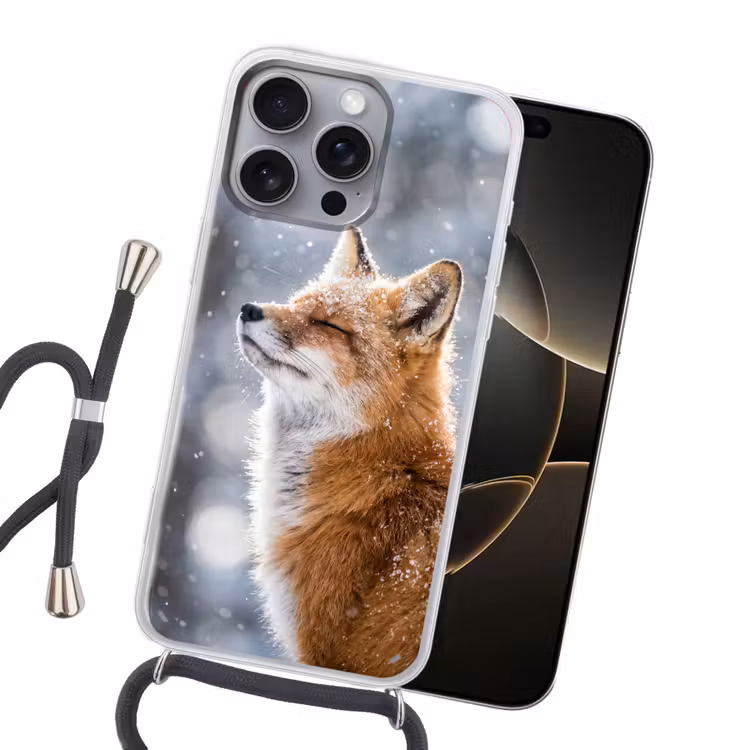 Vos - Sneeuwval - Portret - Winter - Sfeervol Hoesje iPhone 16 Pro Max met koord klein -sfeer1