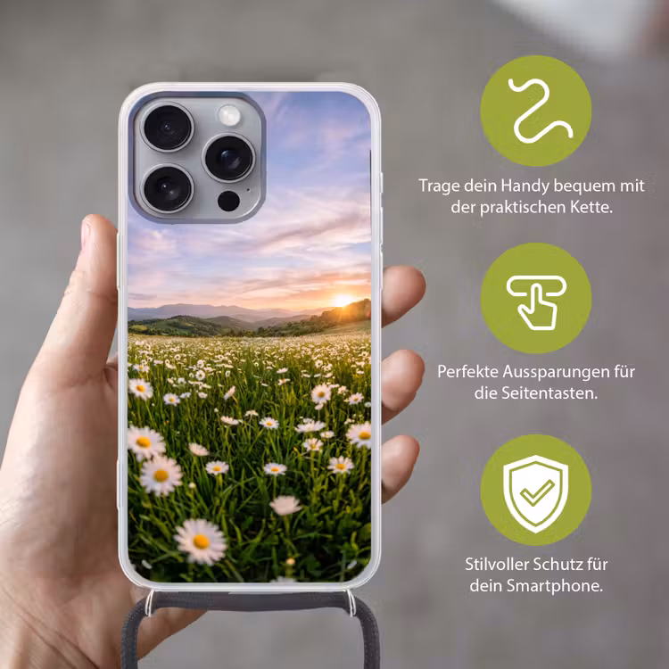 Madelief - Veld - Heuvels - Groen Hoesje iPhone 16 Pro Max met koord klein -sfeer2_DE