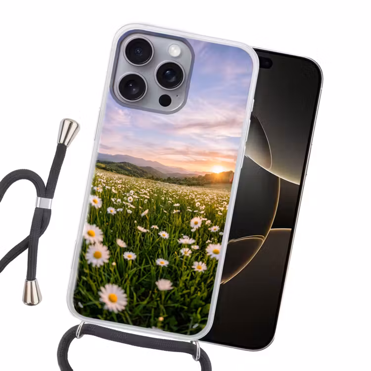 Madelief - Veld - Heuvels - Groen Hoesje iPhone 16 Pro Max met koord klein -sfeer1