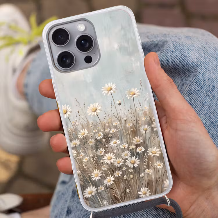 Madelief - Illustratie - Wit Hoesje iPhone 16 Pro Max met koord klein -sfeer3