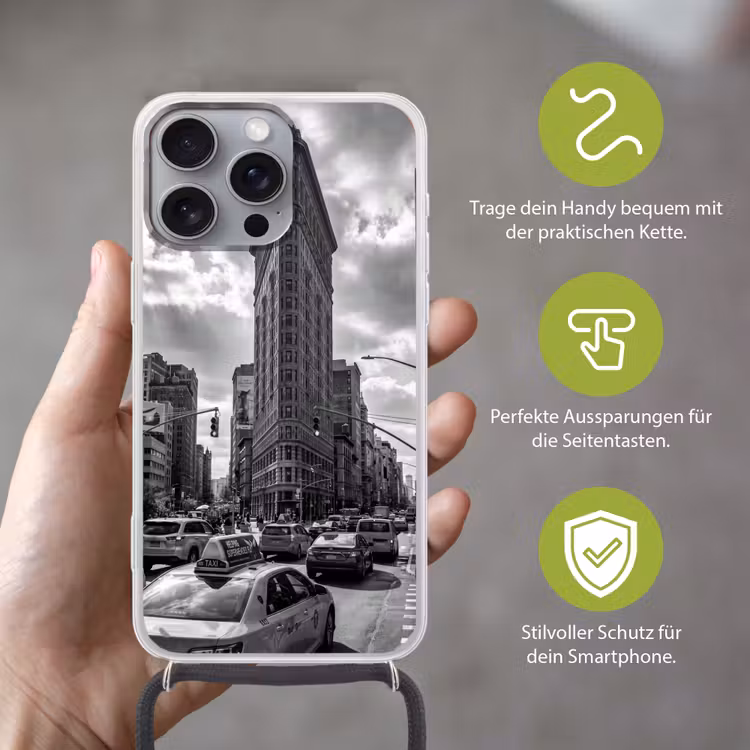 Gebouw - Hoogbouw - Stad - Architectuur - Zwart-wit Hoesje iPhone 16 Pro Max met koord klein -sfeer2_DE