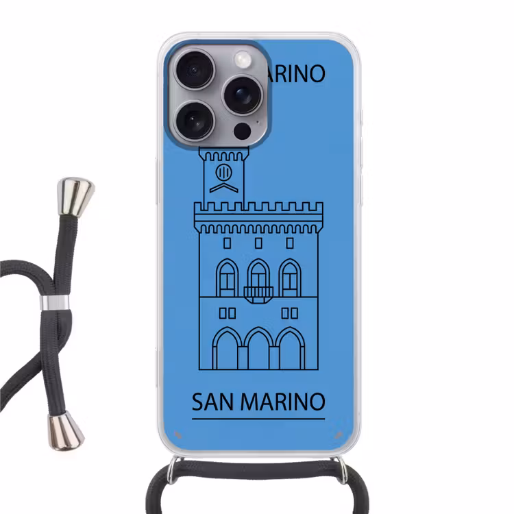 Gebouw - San Marino - Architectuur - Lijntekening - Blauw Hoesje iPhone 16 Pro Max met koord klein -3d