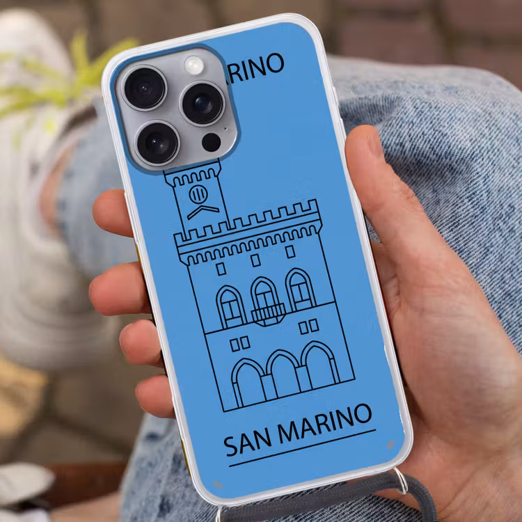 Gebouw - San Marino - Architectuur - Lijntekening - Blauw Hoesje iPhone 16 Pro Max met koord klein -sfeer3