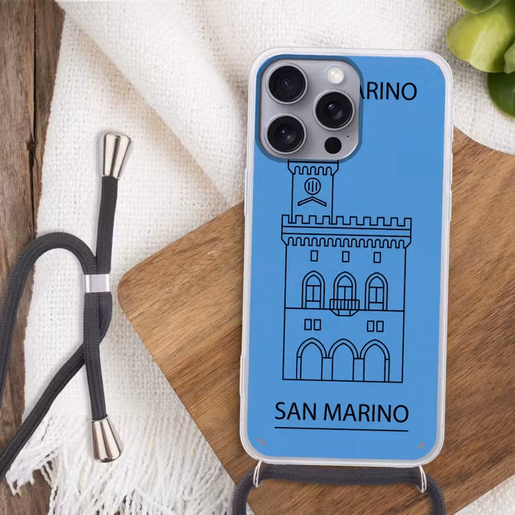 Gebouw - San Marino - Architectuur - Lijntekening - Blauw Hoesje iPhone 16 Pro Max met koord klein -sfeer4