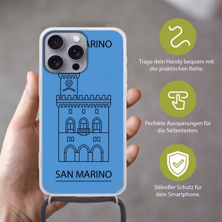 Gebouw - San Marino - Architectuur - Lijntekening - Blauw Hoesje iPhone 16 Pro Max met koord klein -sfeer2_DE
