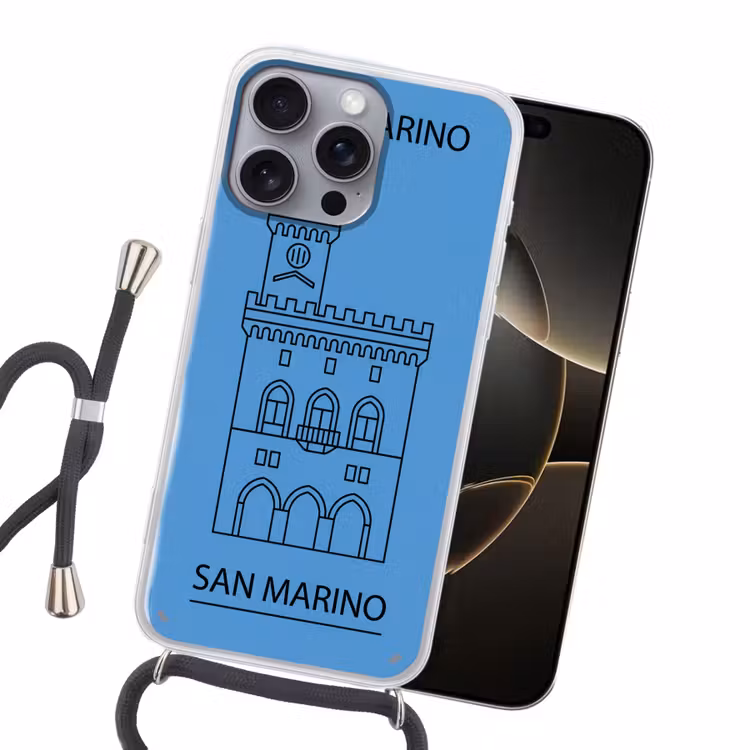 Gebouw - San Marino - Architectuur - Lijntekening - Blauw Hoesje iPhone 16 Pro Max met koord klein -sfeer1