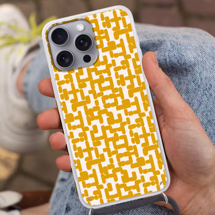Geel - Beige - Patroon Hoesje iPhone 16 Pro Max met koord klein 804 -sfeer3