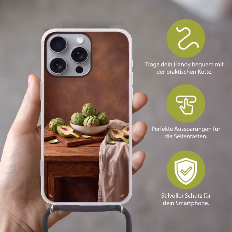 Handyhülle mit Band - Gemüse – Artischocke – Küche - Groenten - Artisjok - Keuken Hoesje iPhone 16 Pro Max met koord klein