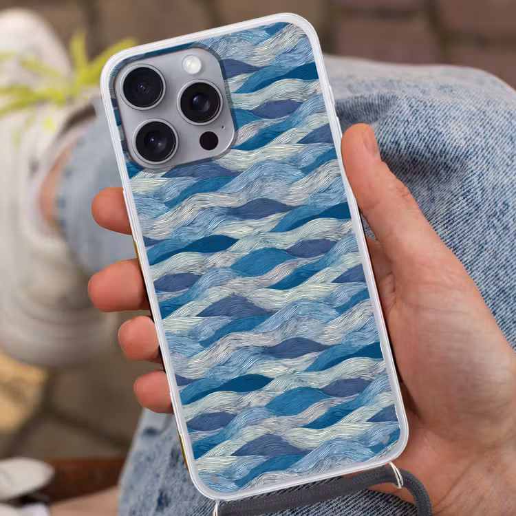 Getekend - Blauw - Wit - Golvend - Streepjes Hoesje iPhone 16 Pro Max met koord klein 804 -sfeer3
