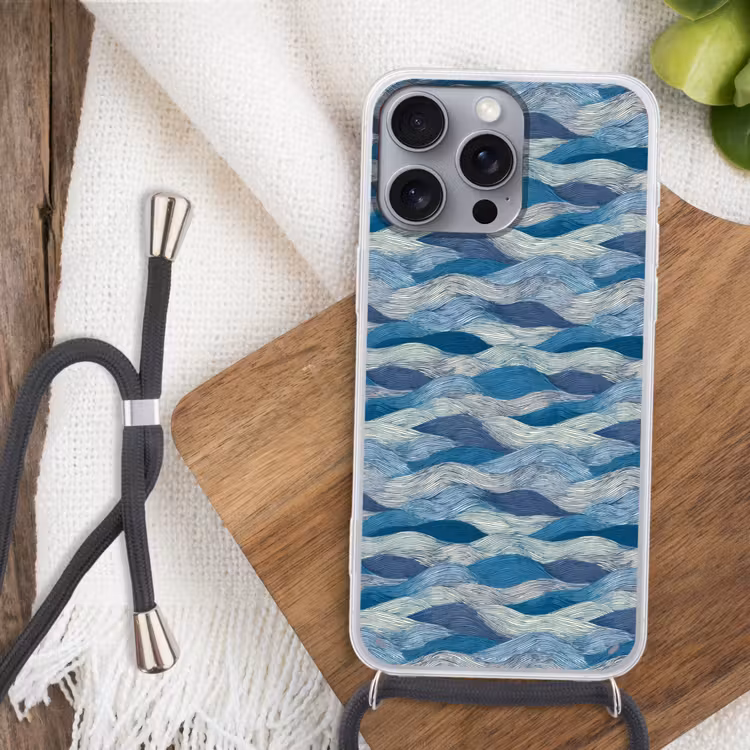 Getekend - Blauw - Wit - Golvend - Streepjes Hoesje iPhone 16 Pro Max met koord klein 804 -sfeer4