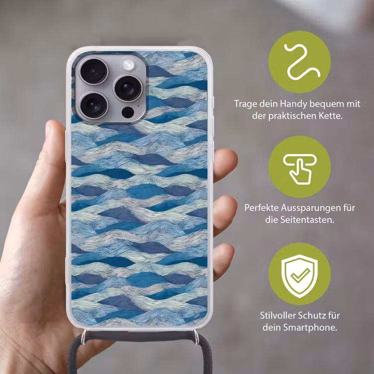 Getekend - Blauw - Wit - Golvend - Streepjes Hoesje iPhone 16 Pro Max met koord klein 804 -sfeer2_DE