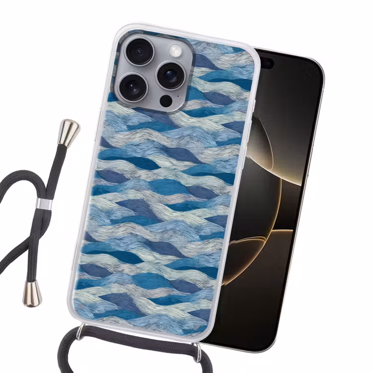 Getekend - Blauw - Wit - Golvend - Streepjes Hoesje iPhone 16 Pro Max met koord klein 804 -sfeer1