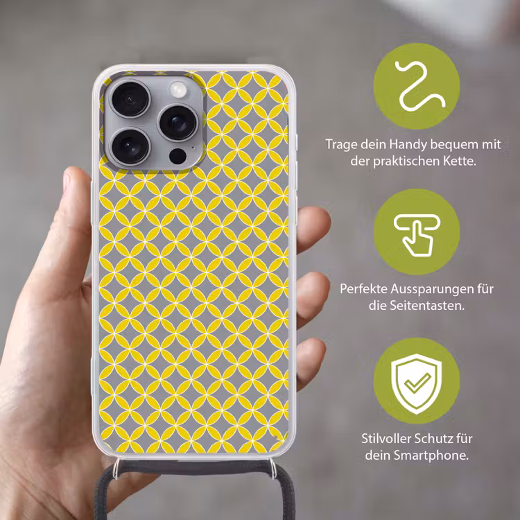 Geometrisch - Cirkels - Modern - Grijs - Geel Hoesje iPhone 16 Pro Max met koord klein 804 -sfeer2_DE