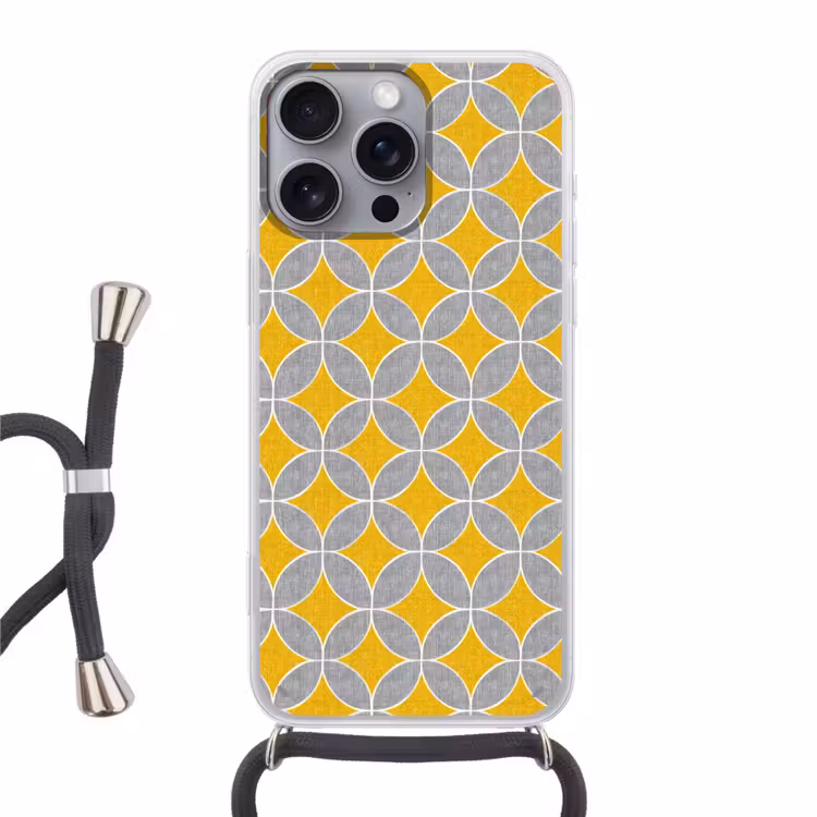 Geometrisch - Cirkels - Textuur - Grijs - Geel Hoesje iPhone 16 Pro Max met koord klein 804 -3d