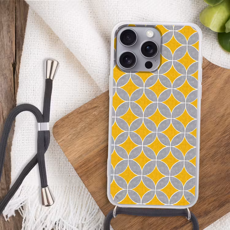 Geometrisch - Cirkels - Textuur - Grijs - Geel Hoesje iPhone 16 Pro Max met koord klein 804 -sfeer4
