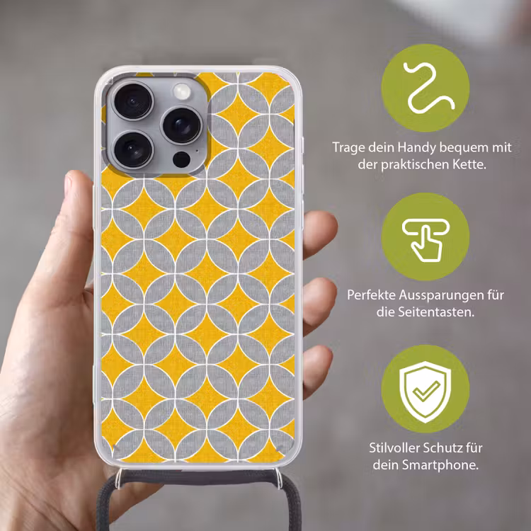 Geometrisch - Cirkels - Textuur - Grijs - Geel Hoesje iPhone 16 Pro Max met koord klein 804 -sfeer2_DE