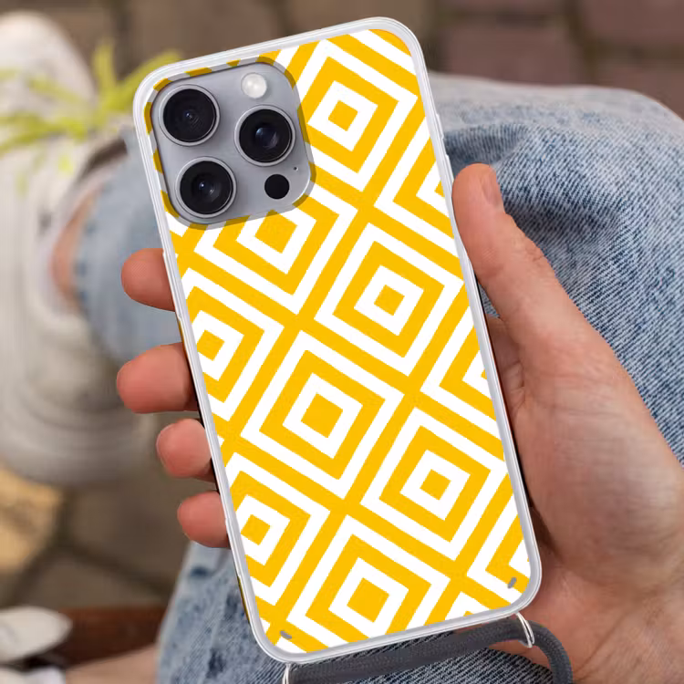 Geometrisch - Lijnen - Modern - Geel - Wit Hoesje iPhone 16 Pro Max met koord klein 804 -sfeer3
