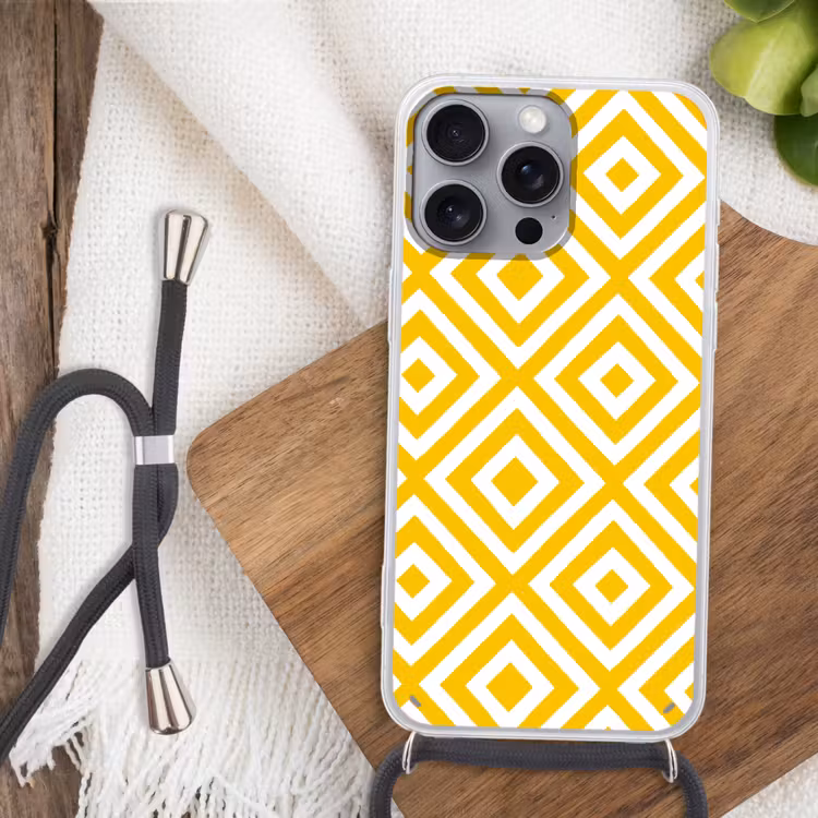 Geometrisch - Lijnen - Modern - Geel - Wit Hoesje iPhone 16 Pro Max met koord klein 804 -sfeer4