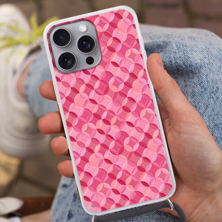 Geometrisch - Mozaïek - Modern - Roze Hoesje iPhone 16 Pro Max met koord klein 804 -sfeer3