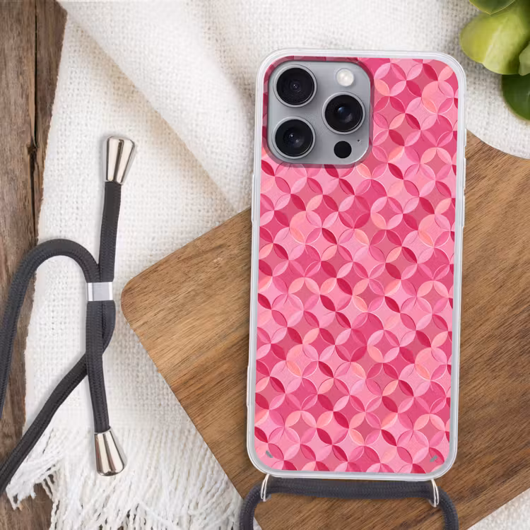 Geometrisch - Mozaïek - Modern - Roze Hoesje iPhone 16 Pro Max met koord klein 804 -sfeer4