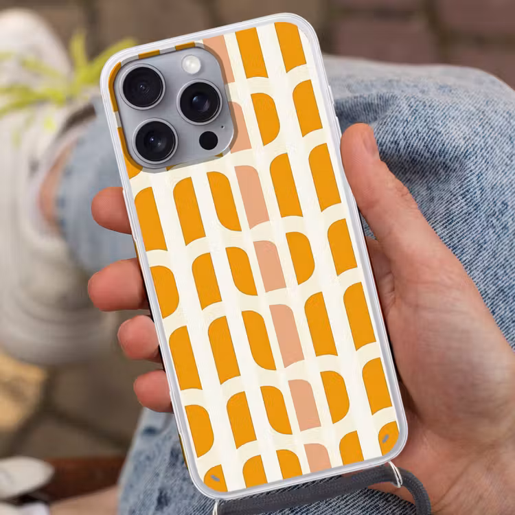 Geometrisch - Patroon - Geel - Roze Hoesje iPhone 16 Pro Max met koord klein 804 -sfeer3