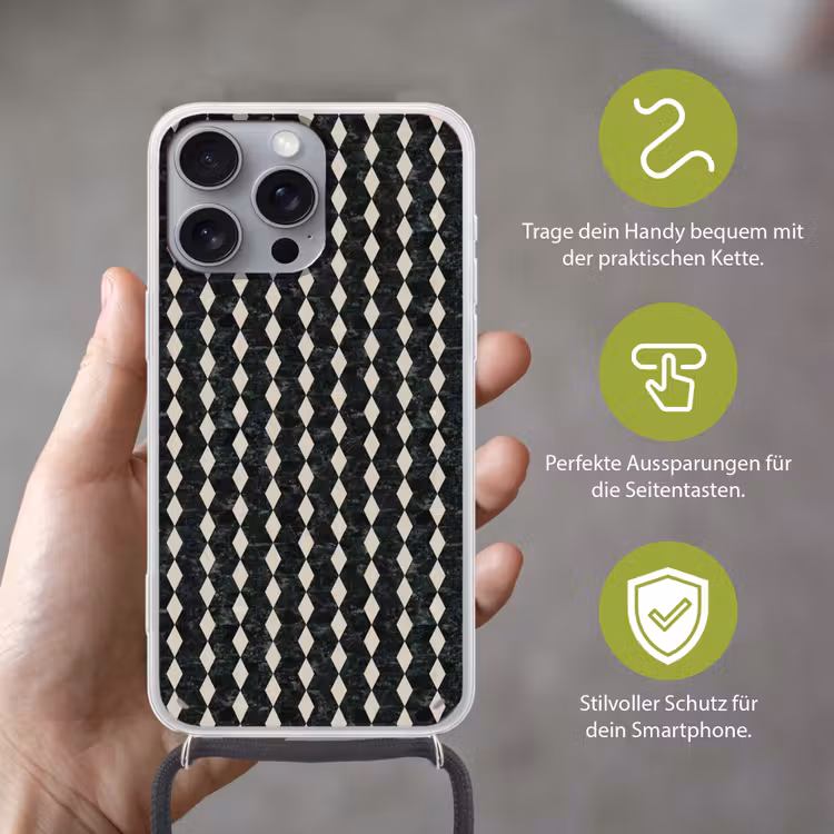 Geometrisch - Patroon - Marmer - Groen Hoesje iPhone 16 Pro Max met koord klein 804 -sfeer2_DE
