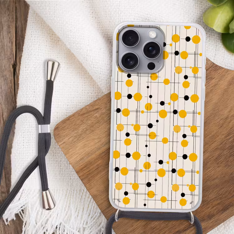 Geometrisch - Retro - Lijnen - Okergeel - Zwart Hoesje iPhone 16 Pro Max met koord klein 804 -sfeer4