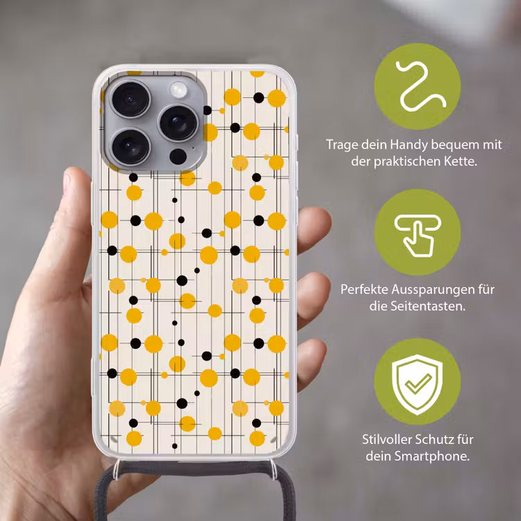 Geometrisch - Retro - Lijnen - Okergeel - Zwart Hoesje iPhone 16 Pro Max met koord klein 804 -sfeer2_DE