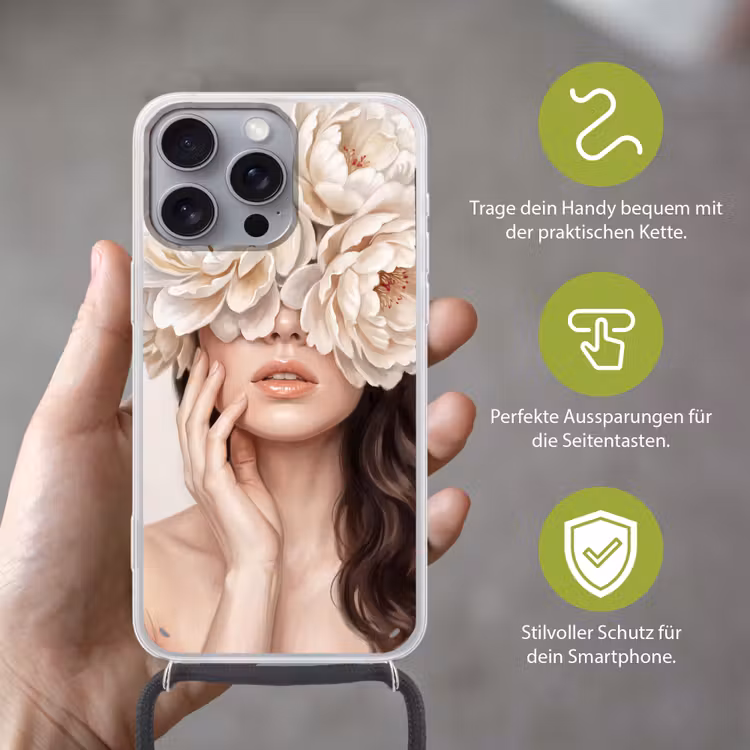 Gezicht - Pioenrozen - Crème Hoesje iPhone 16 Pro Max met koord klein -sfeer2_DE