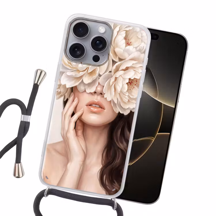 Gezicht - Pioenrozen - Crème Hoesje iPhone 16 Pro Max met koord klein -sfeer1
