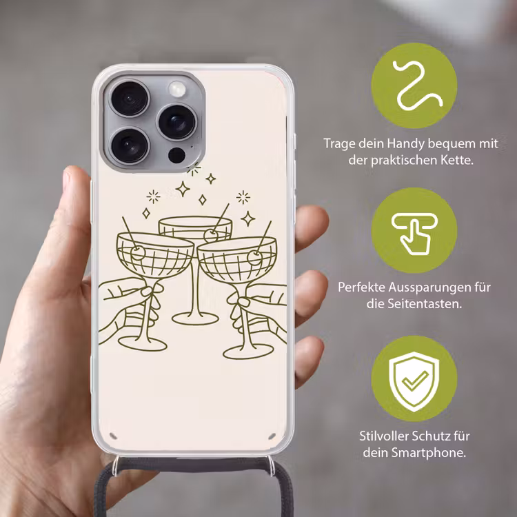 Drankjes - Feest - Proosten - Minimalistisch - Groen Hoesje iPhone 16 Pro Max met koord klein -sfeer2_DE