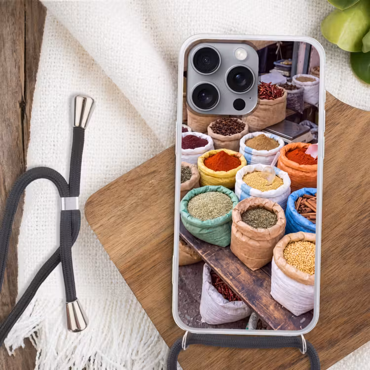 Handyhülle mit Band - Gewürze – Beutel – Markt - Kruiden - Zakken - Markt Hoesje iPhone 16 Pro Max met koord klein