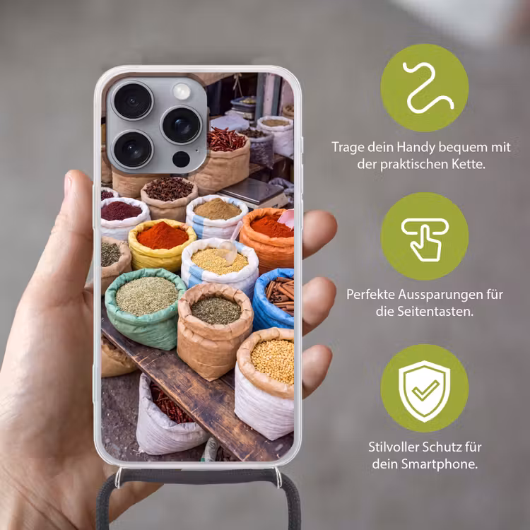 Handyhülle mit Band - Gewürze – Beutel – Markt - Kruiden - Zakken - Markt Hoesje iPhone 16 Pro Max met koord klein