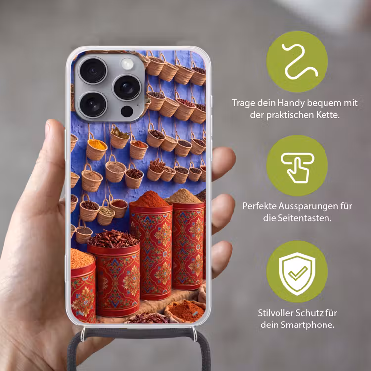 Handyhülle mit Band - Gewürze – Körbe – Markt - Kruiden - Manden - Markt Hoesje iPhone 16 Pro Max met koord klein