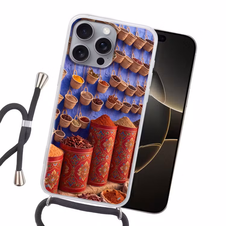 Handyhülle mit Band - Gewürze – Körbe – Markt - Kruiden - Manden - Markt Hoesje iPhone 16 Pro Max met koord klein