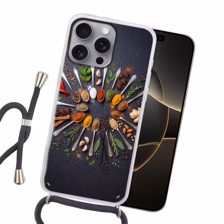 Kruiden - Lepels - Culinair - Kleurrijk - Sfeervol Hoesje iPhone 16 Pro Max met koord klein -sfeer1