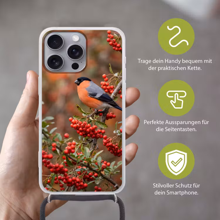 Goudvink - Bessen - Herfst - Natuur - Kleurrijk Hoesje iPhone 16 Pro Max met koord klein -sfeer2_DE