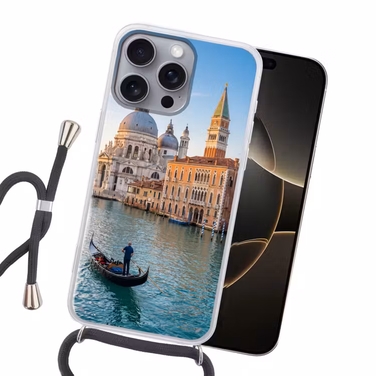 Gondel - Venetië - Kanaal - Stadsgezicht - Avondlicht Hoesje iPhone 16 Pro Max met koord klein -sfeer1