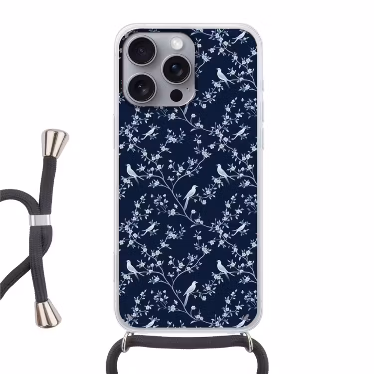 Grafisch - Bloesemtak - Blauw Hoesje iPhone 16 Pro Max met koord klein 804 -3d