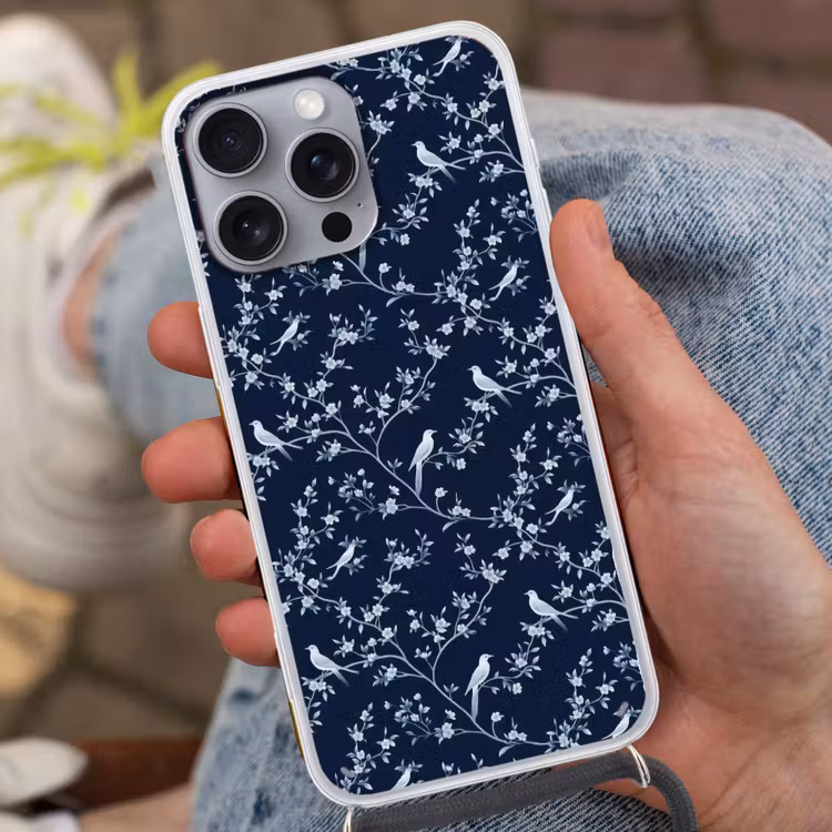Grafisch - Bloesemtak - Blauw Hoesje iPhone 16 Pro Max met koord klein 804 -sfeer3