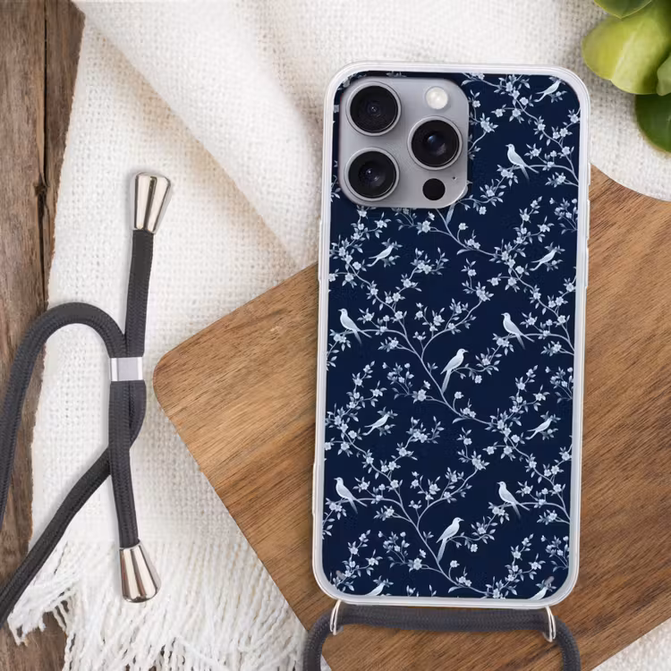 Grafisch - Bloesemtak - Blauw Hoesje iPhone 16 Pro Max met koord klein 804 -sfeer4