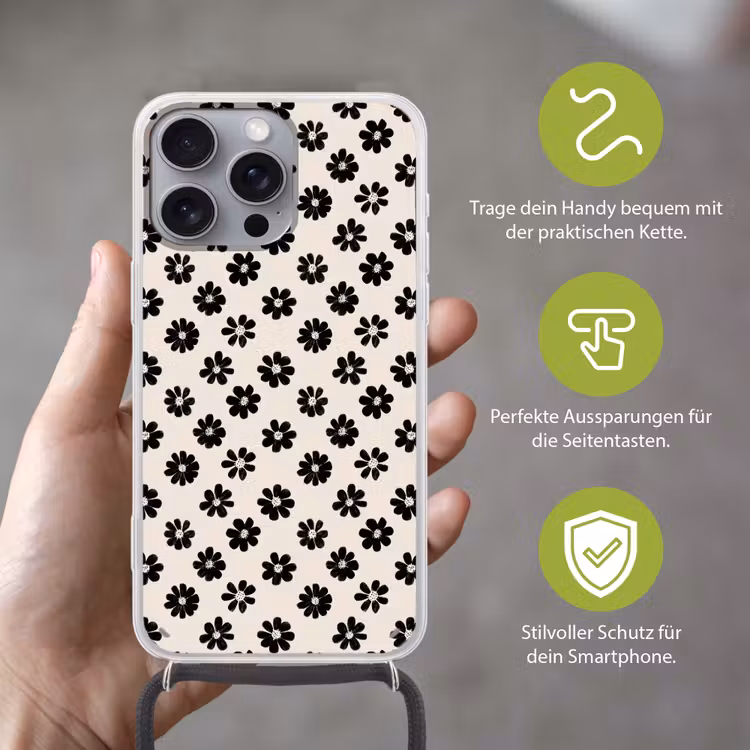 Grafisch - Madeliefjes - Zwart - Beige Hoesje iPhone 16 Pro Max met koord klein 804 -sfeer2_DE