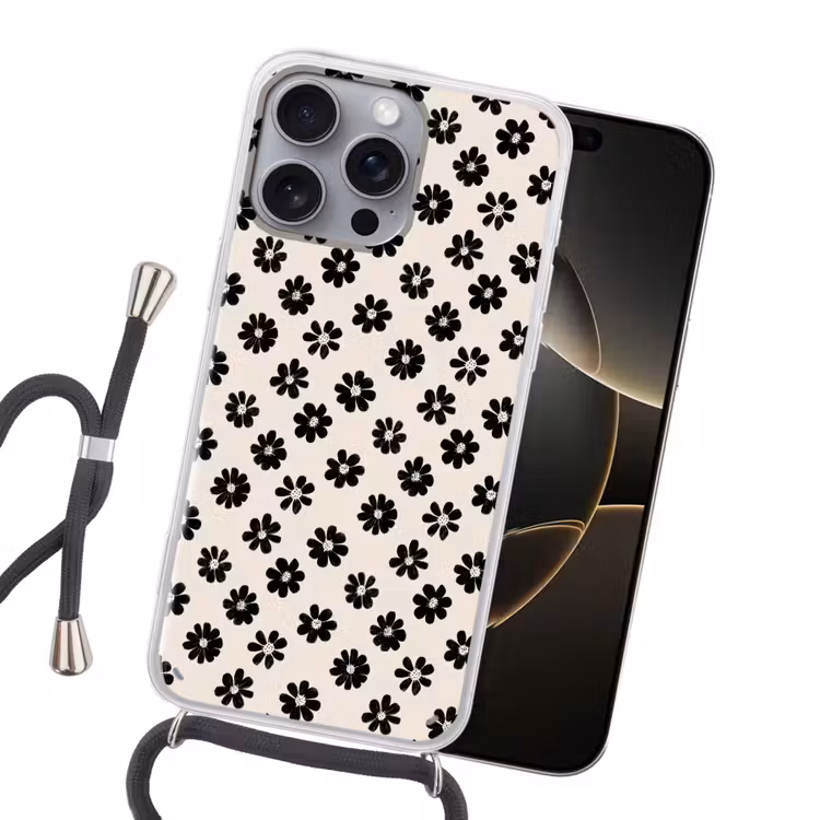Grafisch - Madeliefjes - Zwart - Beige Hoesje iPhone 16 Pro Max met koord klein 804 -sfeer1