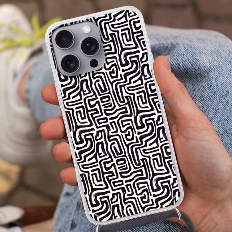 Grafisch - Lijnen - Zwart - Wit Hoesje iPhone 16 Pro Max met koord klein 804 -sfeer3