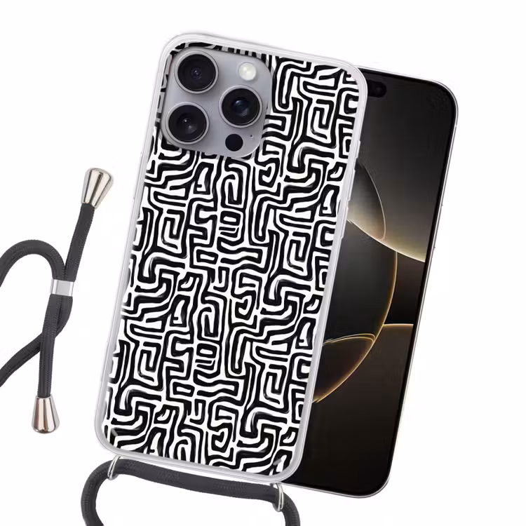 Grafisch - Lijnen - Zwart - Wit Hoesje iPhone 16 Pro Max met koord klein 804 -sfeer1
