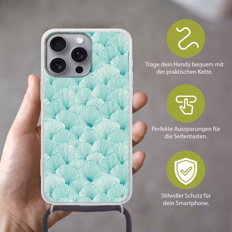 Groen - Wit - Ginko - Getekend - Textuur Hoesje iPhone 16 Pro Max met koord klein 804 -sfeer2_DE