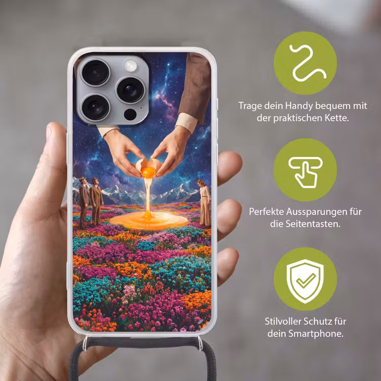 Handyhülle mit Band - Hände – Ei – Surrealismus - Handen - Ei - Surrealisme Hoesje iPhone 16 Pro Max met koord klein