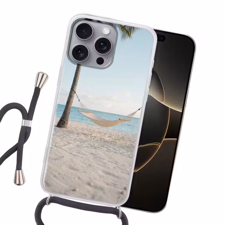 Hangmat - Strand - Wit Hoesje iPhone 16 Pro Max met koord klein -sfeer1